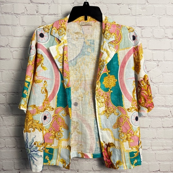 Bellambra colorful printed artsy linen blend button down ladies top Italy preppy - Picture 5 of 5